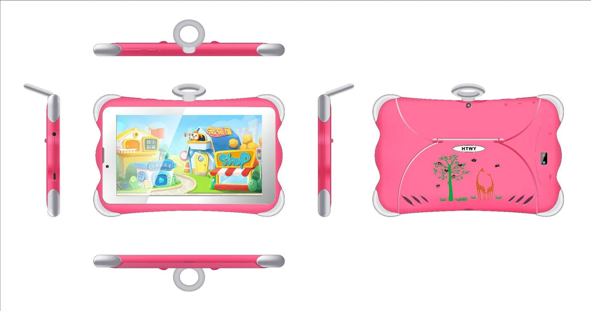 Cartoon-coloured 7-inch children's learning tablet with a flip-out stand on a table