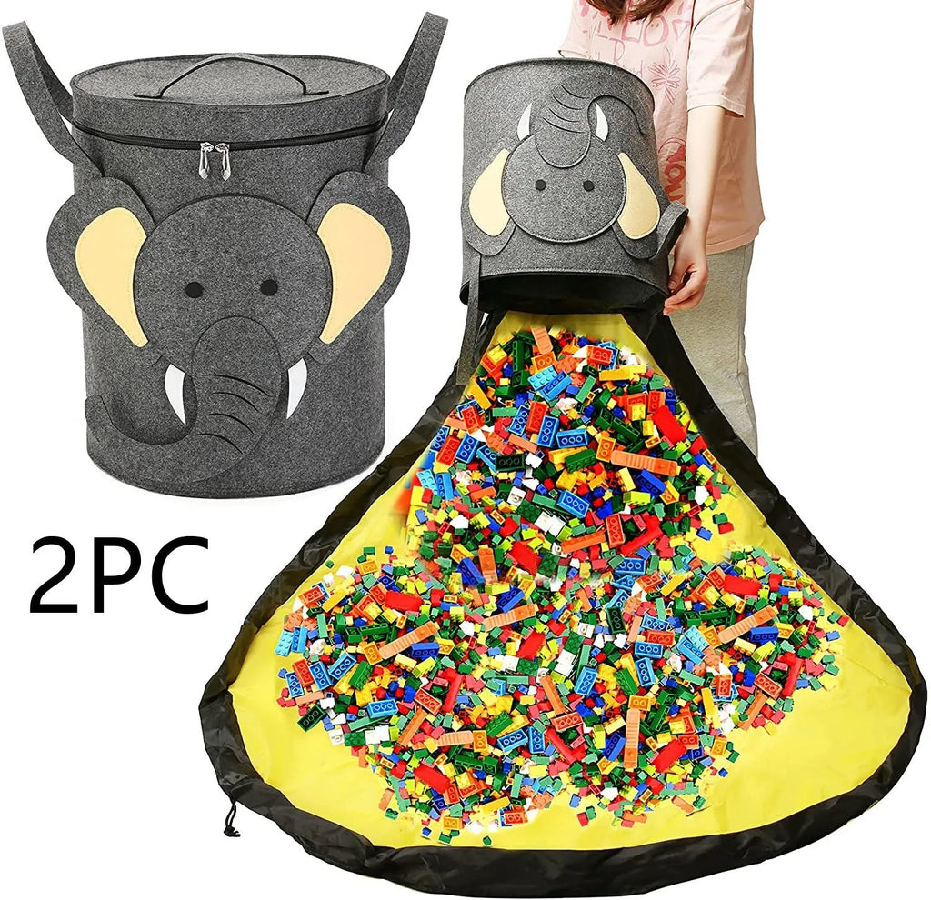 Green felt storage cube with pull rope unfolded as waterproof play mat for children's toys