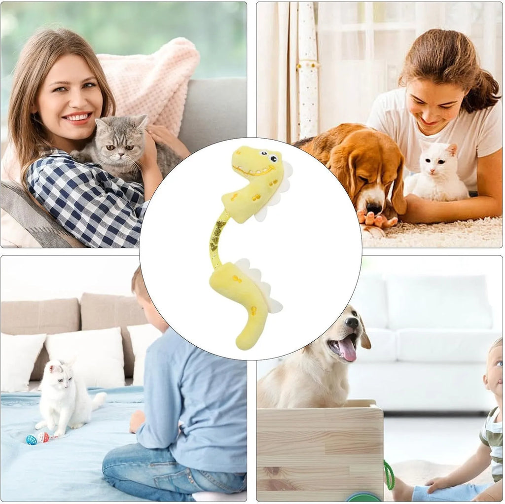 Set of four colourful plush cat toys including a mouse, fish, bunny, and chew toy on a white background.