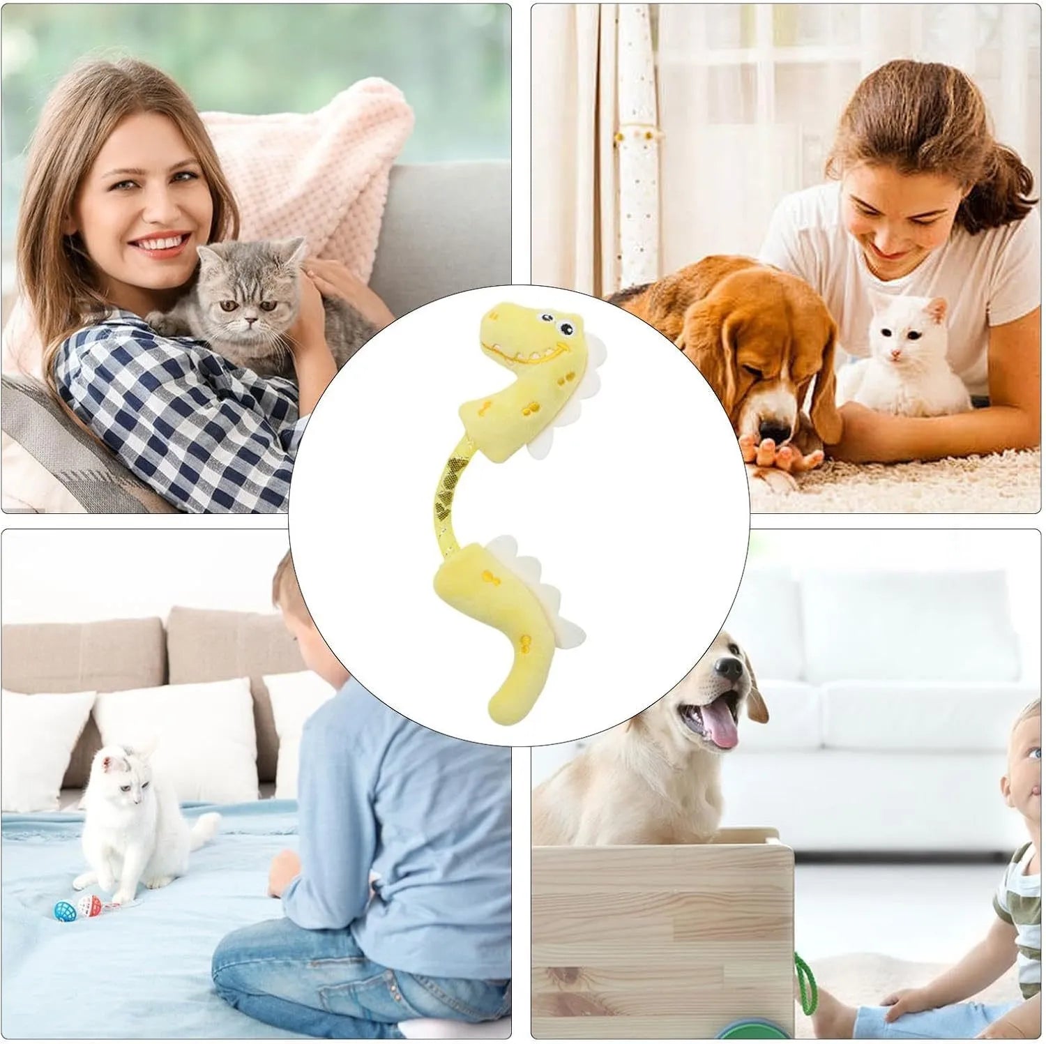 Set of four colourful plush cat toys including a mouse, fish, bunny, and chew toy on a white background.