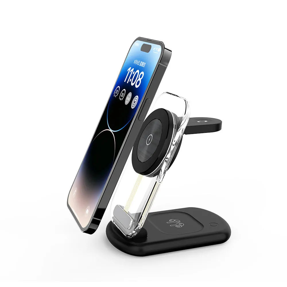 Transparent folding magnetic three-in-one wireless charger in black or white colour