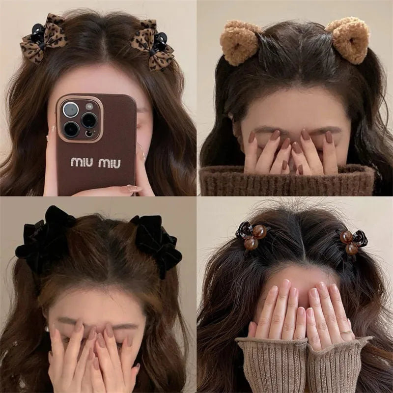 Plastic leopard bow barrettes with Seiko treatment four style options black suede bow brown leopard pattern coffee double beads dark coffee triangle