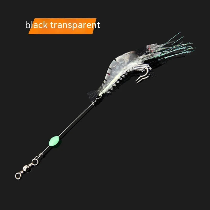 Six soft fishing lures with hooks in different colours including luminous and transparent variations