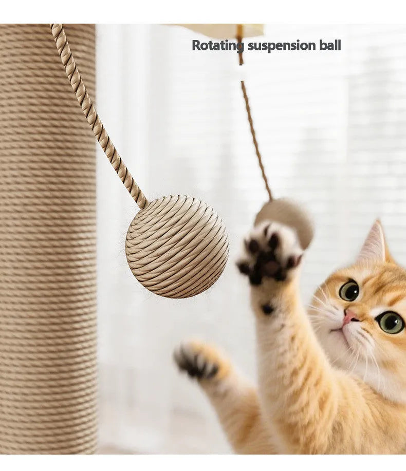 Windmill-style cat climbing frame with scratch-resistant hanging ball toy on carpet leather surface