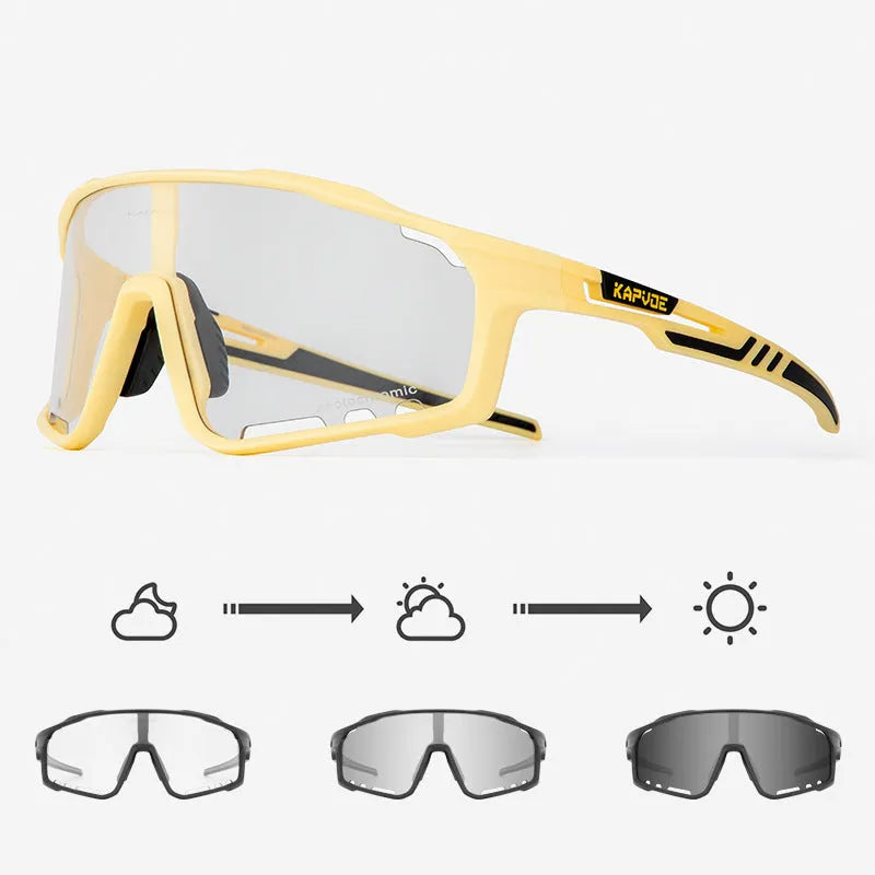 Semi-rimless photochromic cycling glasses with a TR90 frame, shown in a sport setting.
