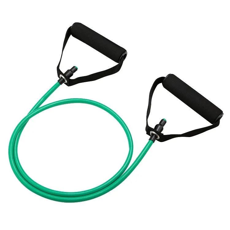 TPE chest expander exercise equipment with adjustable tension rope in yellow, green, red, blue, and black resistance options
