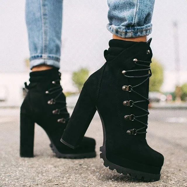 Women's suede ankle boots with thick heels, waterproof platform, and round toe design in multiple colours