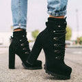 Women's suede ankle boots with thick heels, waterproof platform, and round toe design in multiple colours
