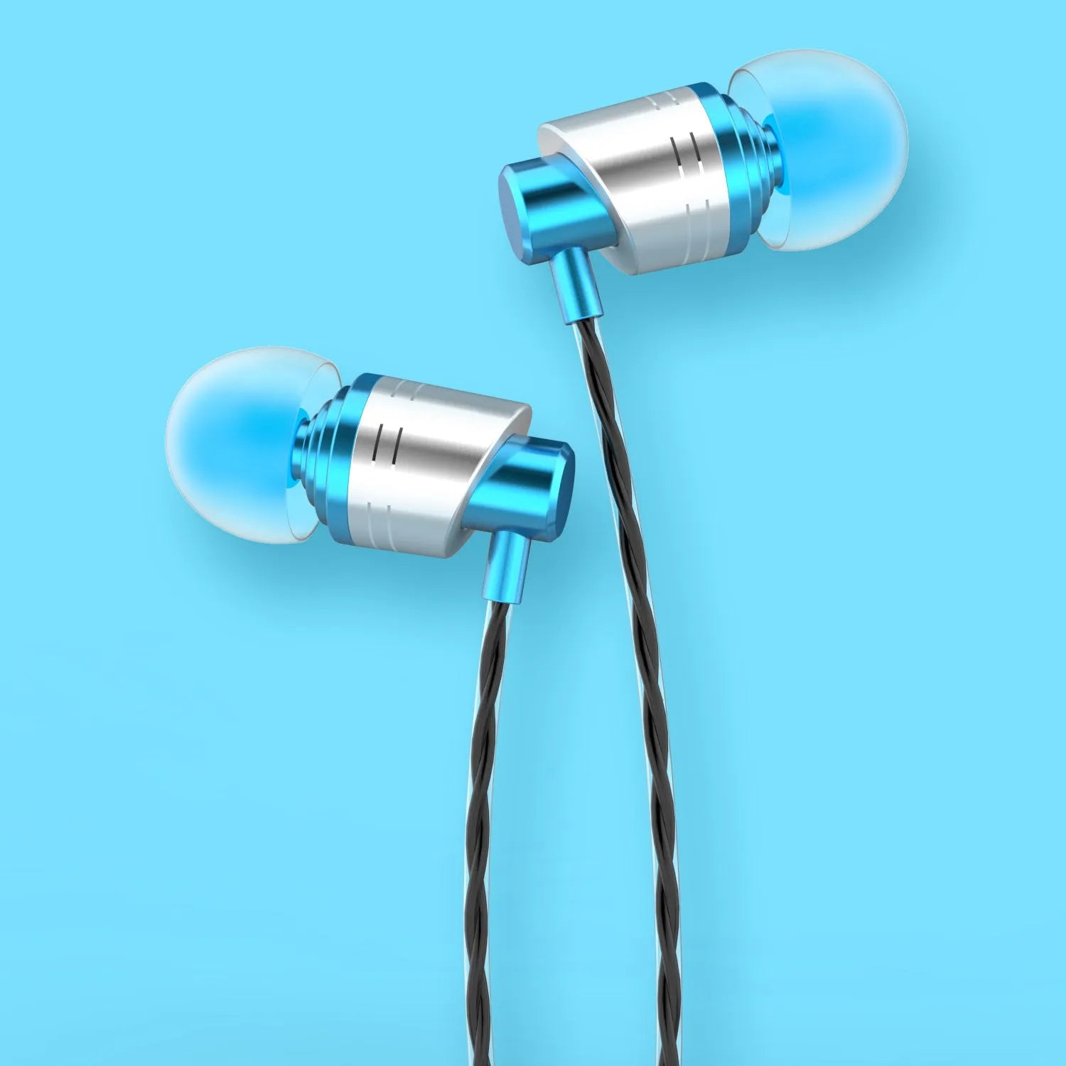Black wired in-ear headphones with a 3.5mm plug, microphone on cable, and three pairs of silicone ear tips