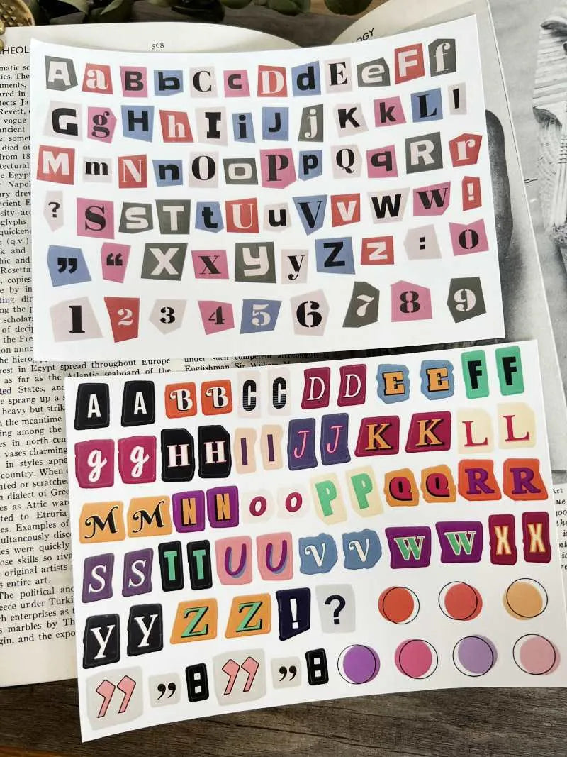 Set of printed vinyl decoration stickers showing English letters A, B, C, D, E and weekly words in a cute style.
