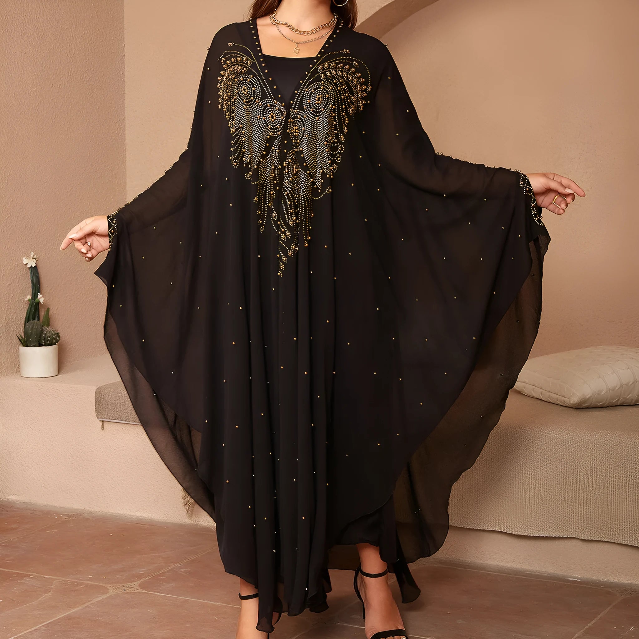 Muslim style chiffon cape shawl with rhinestone beading in multiple colour options