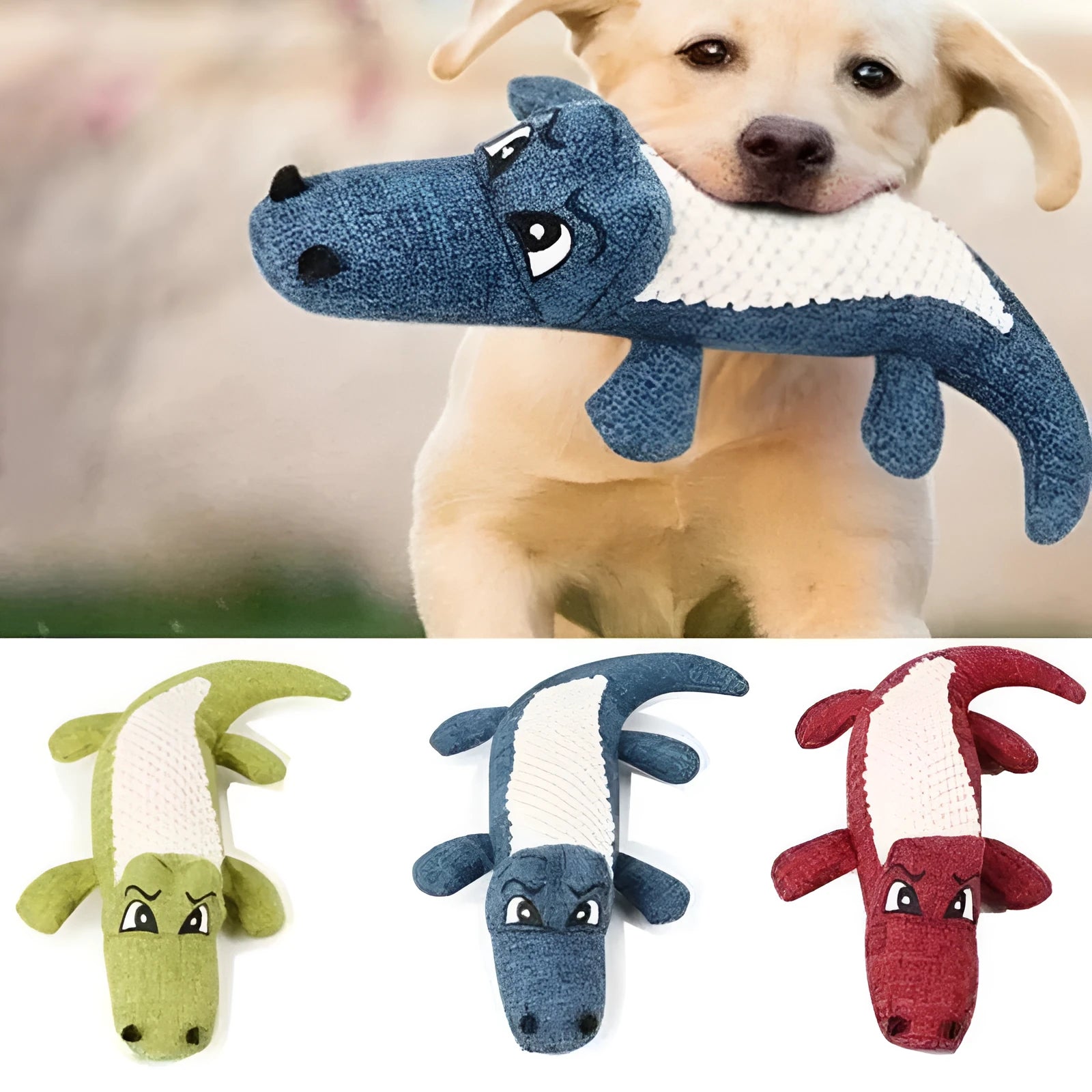 Blue, green, and red plush pet toys with corn grid texture and biting sound feature