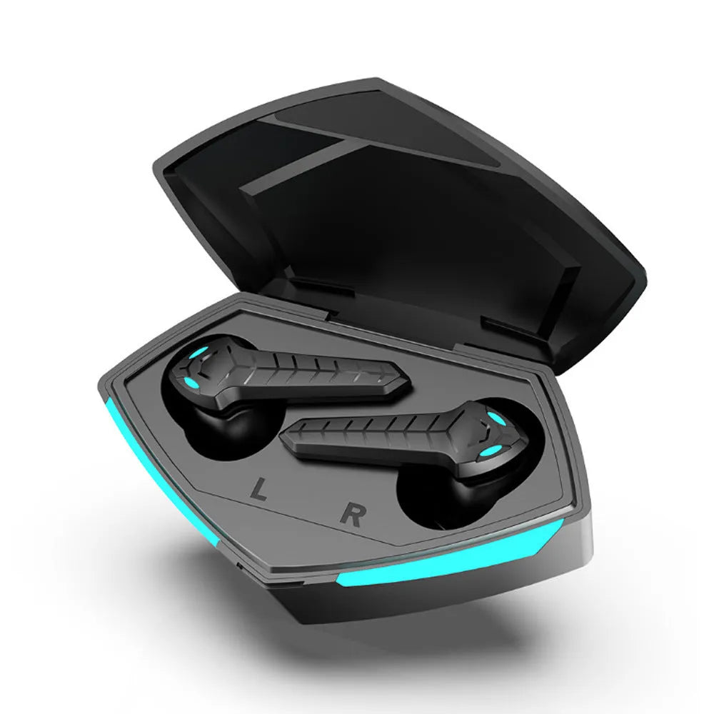 Black X15 wireless Bluetooth in-ear gaming headphones with charging case on a grey background.