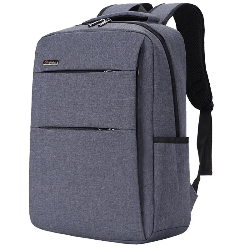 Black waterproof rechargeable backpack for a laptop, showing shoulder straps and a USB charging port.