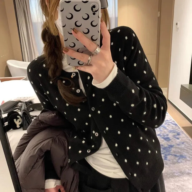 Gray dot knitted cardigan with crochet flower detail on woman, Korean style loose fit