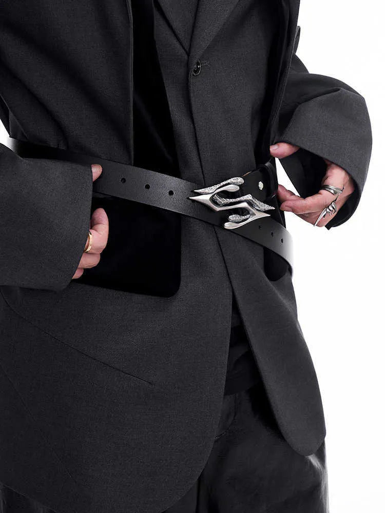 Black men's two-layer cowhide leather belt with metal letter buckle, shown at 110cm length.