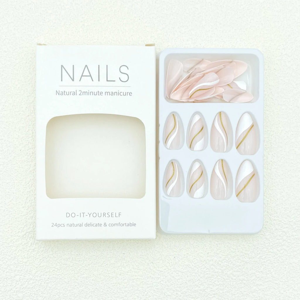Golden Lines plaid pattern false nail stickers in medium drop shape with adhesive glue