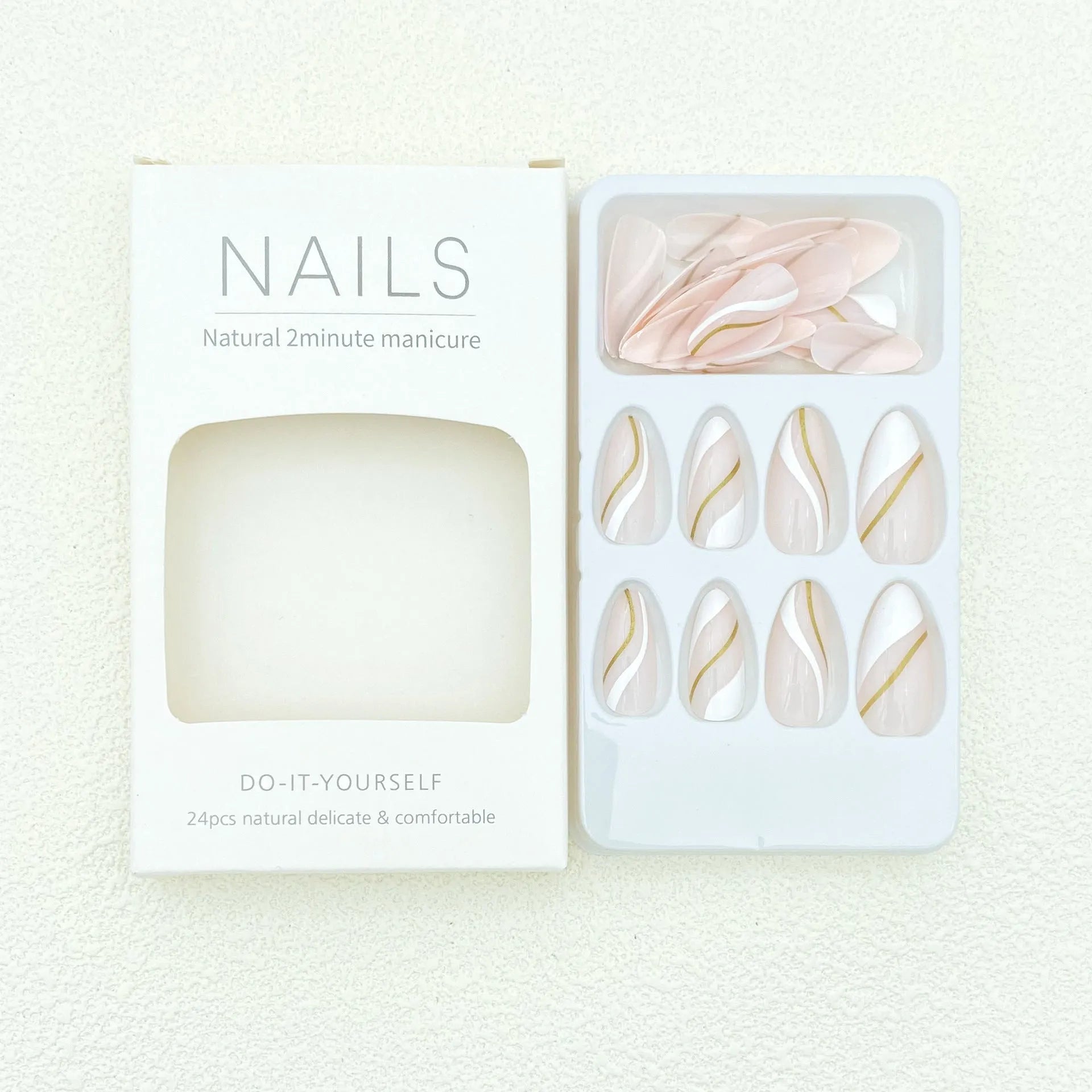 Golden Lines plaid pattern false nail stickers in medium drop shape with adhesive glue