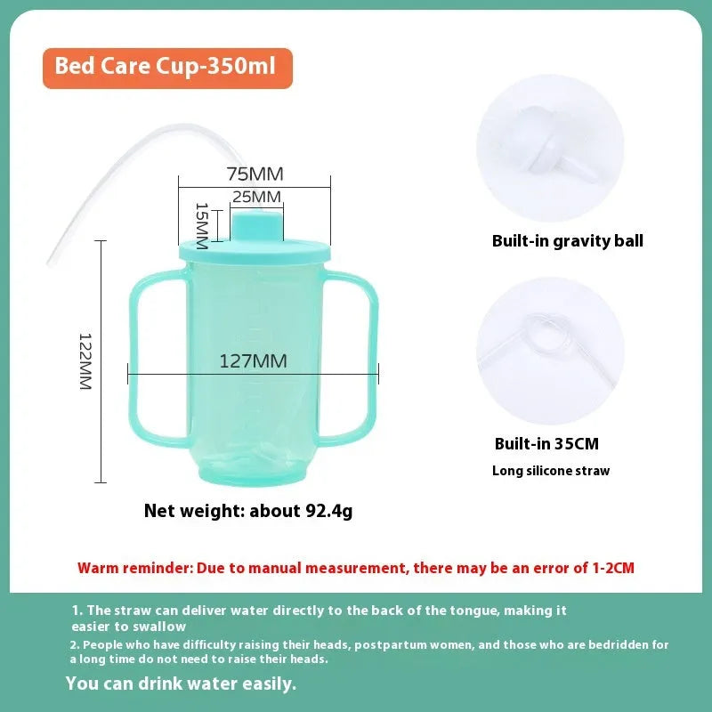 Oblique mouth bedside drinking cup with handle and optional wrist splint for elderly and pregnant users