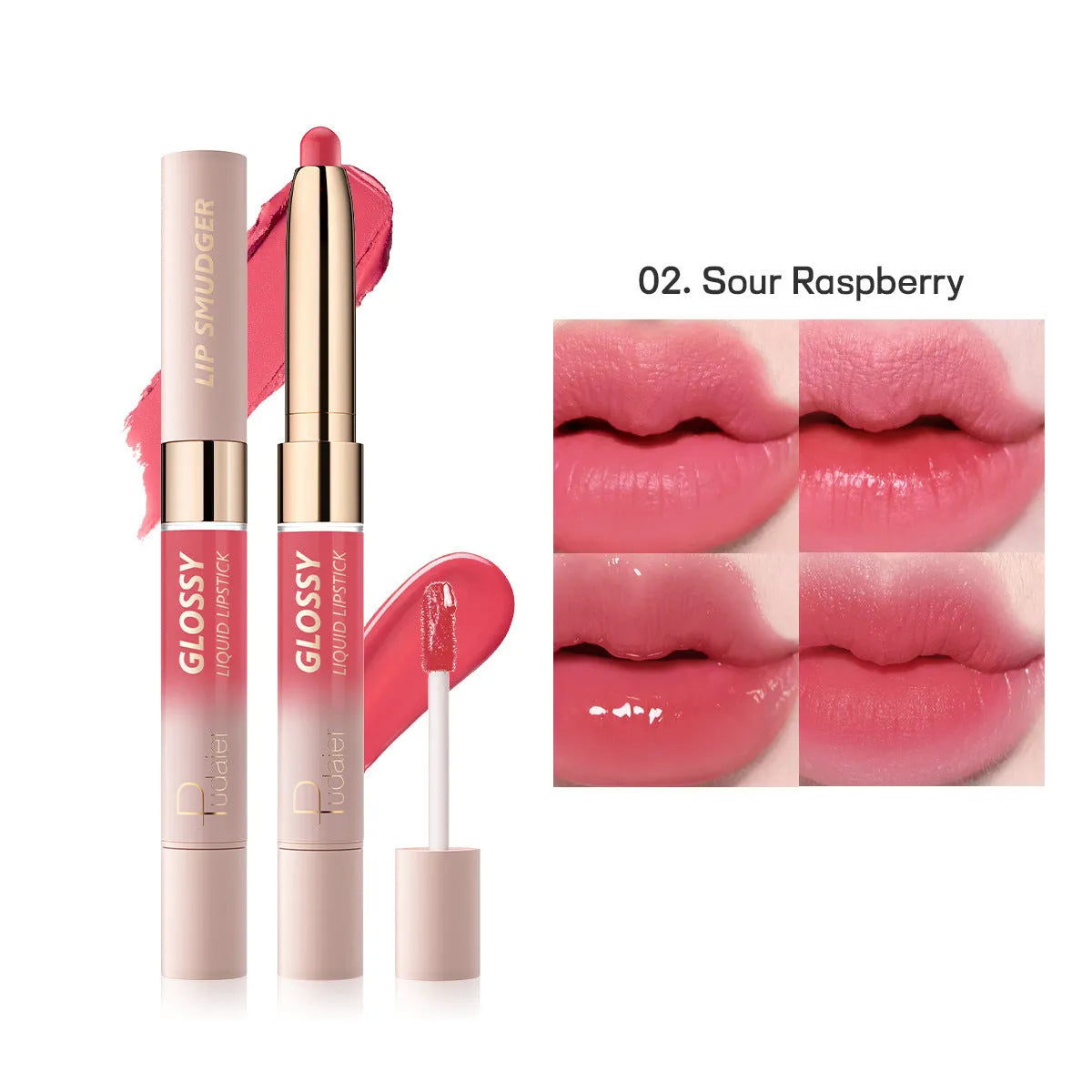 Double-headed lipstick lip gloss with matte finish showing 10 different colour options numbered 01 through 10