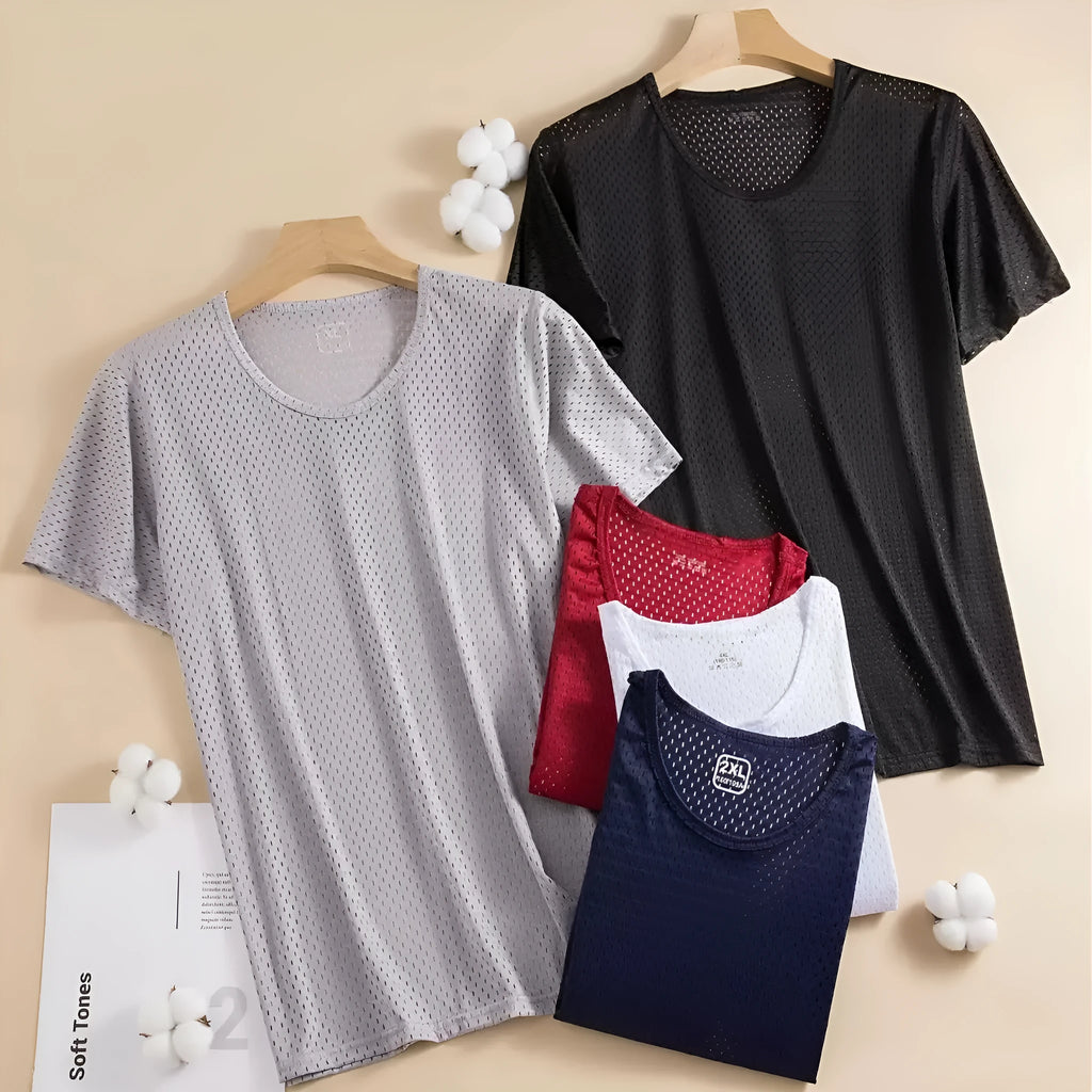 Man wearing ice silk short sleeve crew neck t-shirt in solid colour with thin mesh fabric