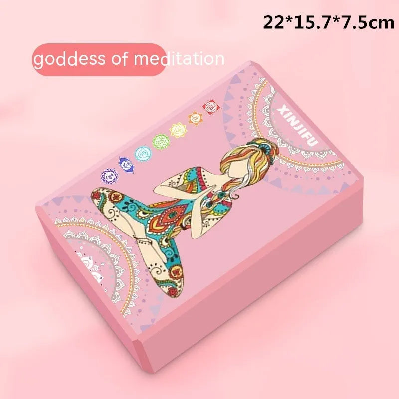 High-density EVA yoga block in pink next to a dark blue block, showing 7.5cm height and printed cartoon design options.