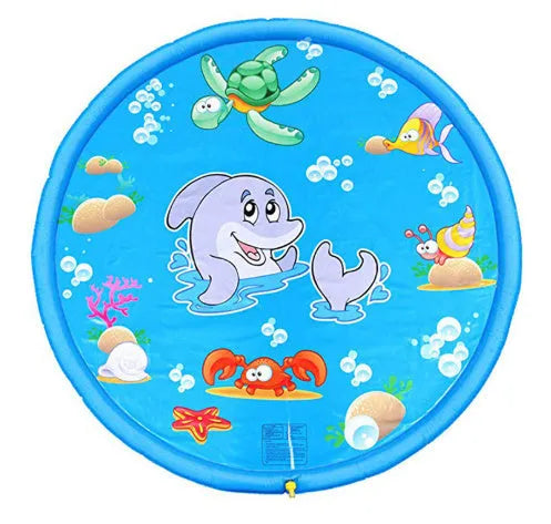 Blue PVC children's water spray mat with marine animal designs laid on grass