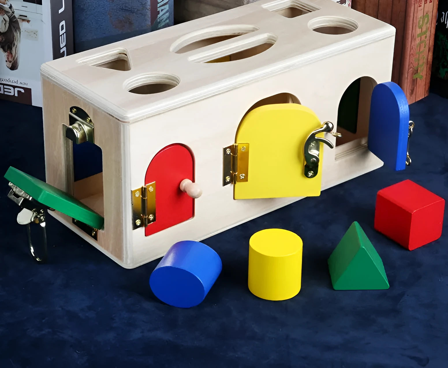 Wooden educational shape sorter puzzle box with 12 geometric blocks for preschool children