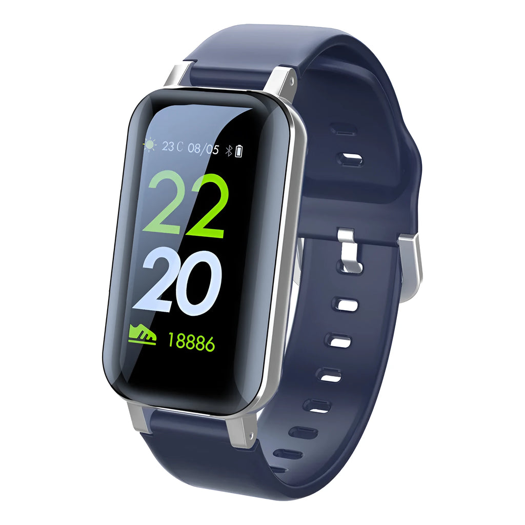Call Bracelet smart wearable in black, blue, or coffee colour on a wrist, showing heart rate monitoring.