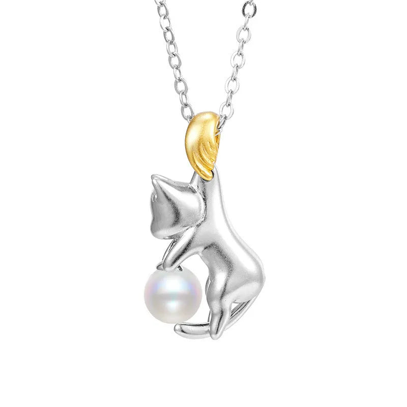 925 sterling silver clavicle chain necklace with cat motif and electroplated finish