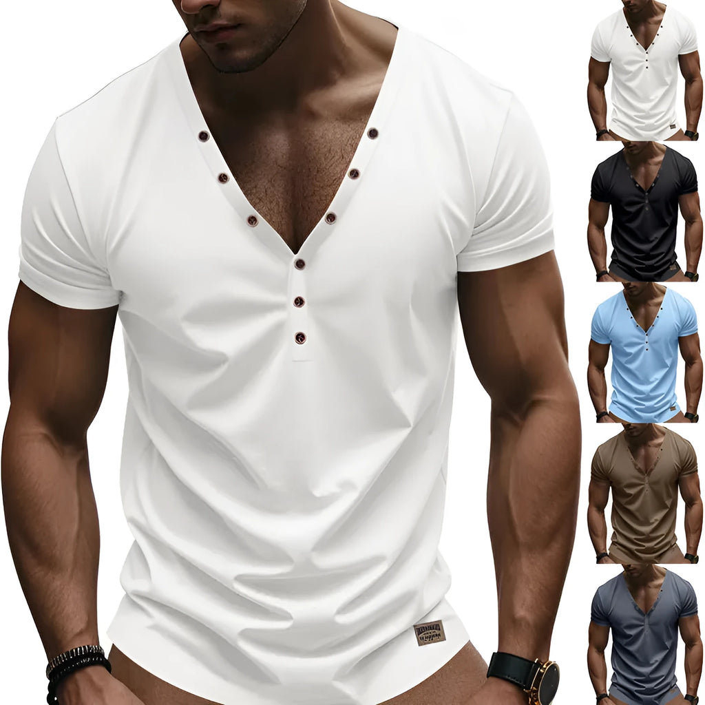 Men's loose thin V-neck sports pullover with button design in polyester blend fabric