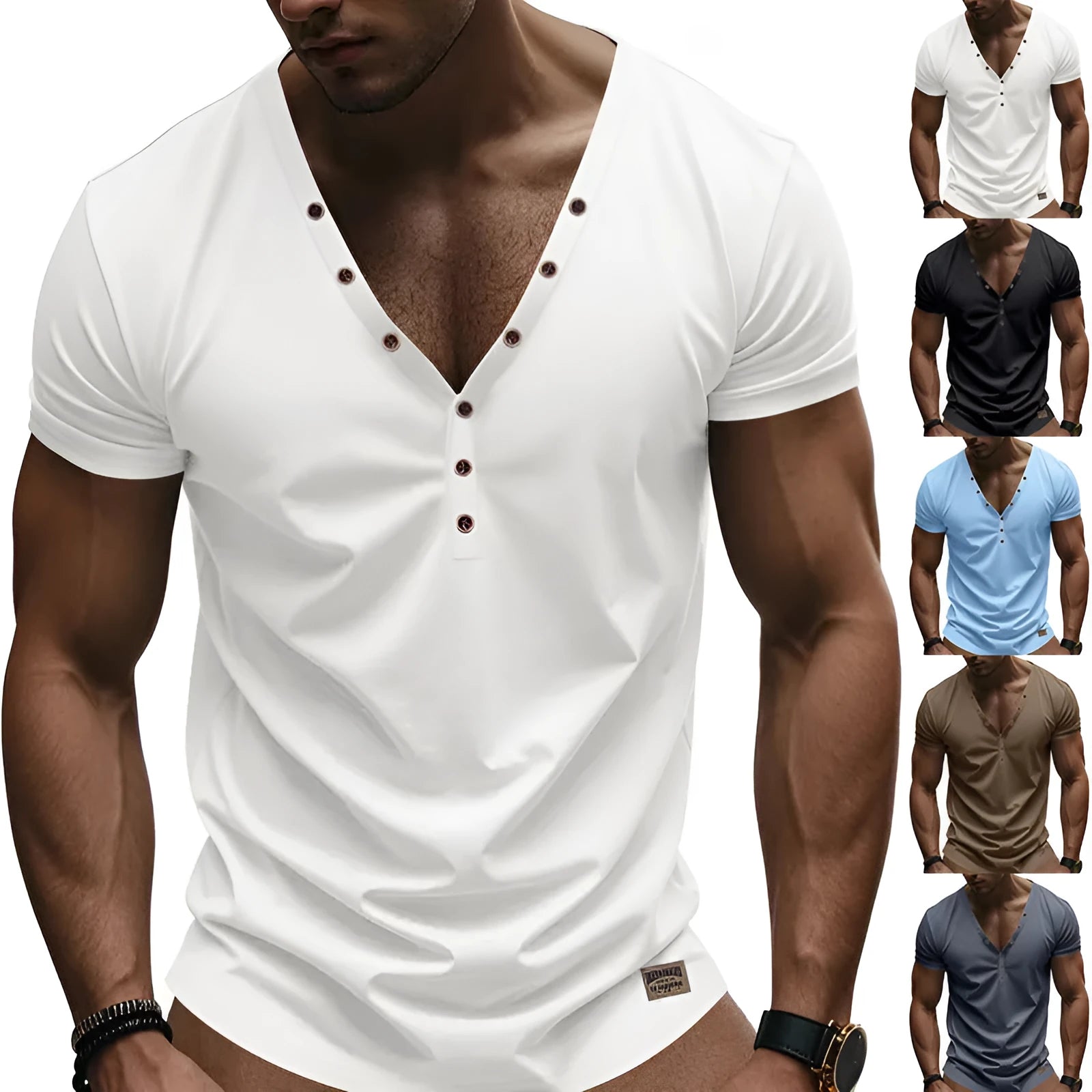 Men's loose thin V-neck sports pullover with button design in polyester blend fabric