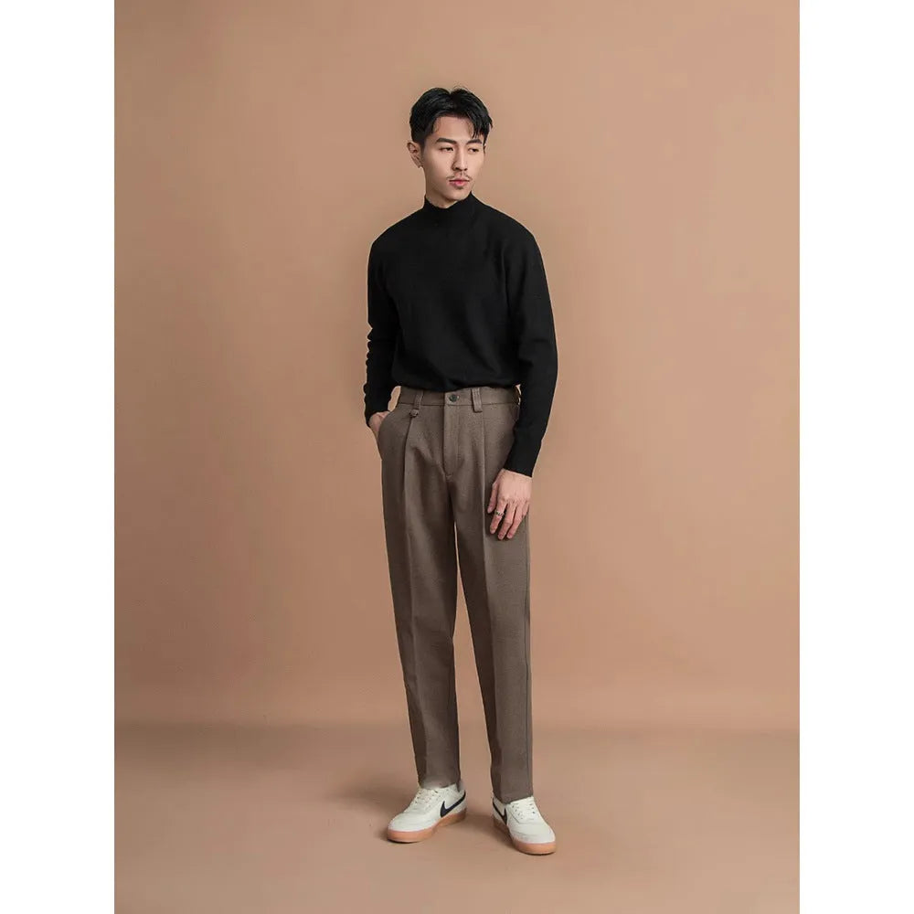 Men's straight-leg trousers in polyester fabric with draped styling for business casual wear