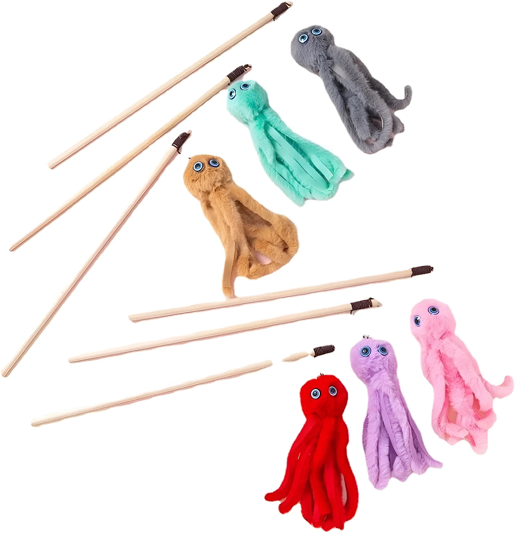 Octopus-themed cat toy with long stick handle and moving eyes for indoor play with kittens