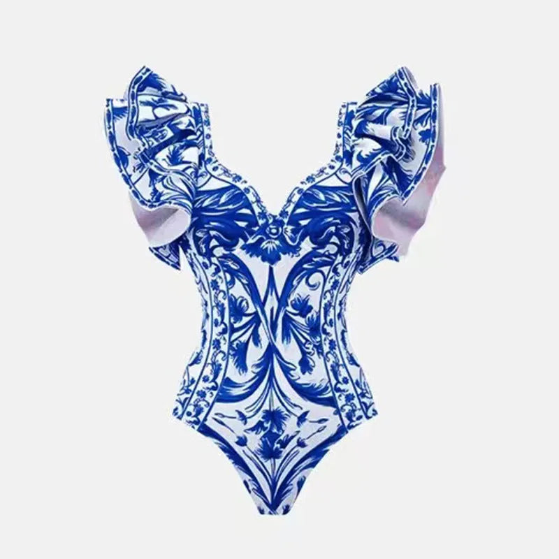 Women's printed one-piece swimsuit in polyester fabric available in multiple colours and sizes