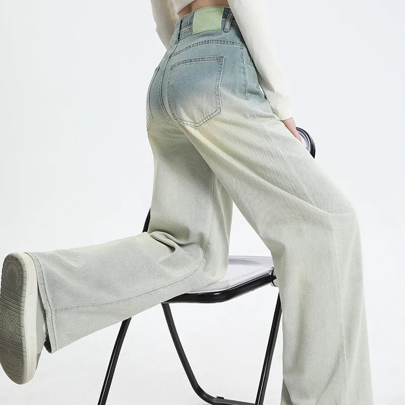 Women's gradient blue straight-leg denim trousers with wide-leg style