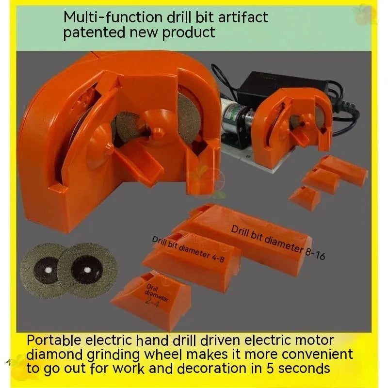 Universal portable grinding drill tool set with orange and black irregular pattern abrasive wheels