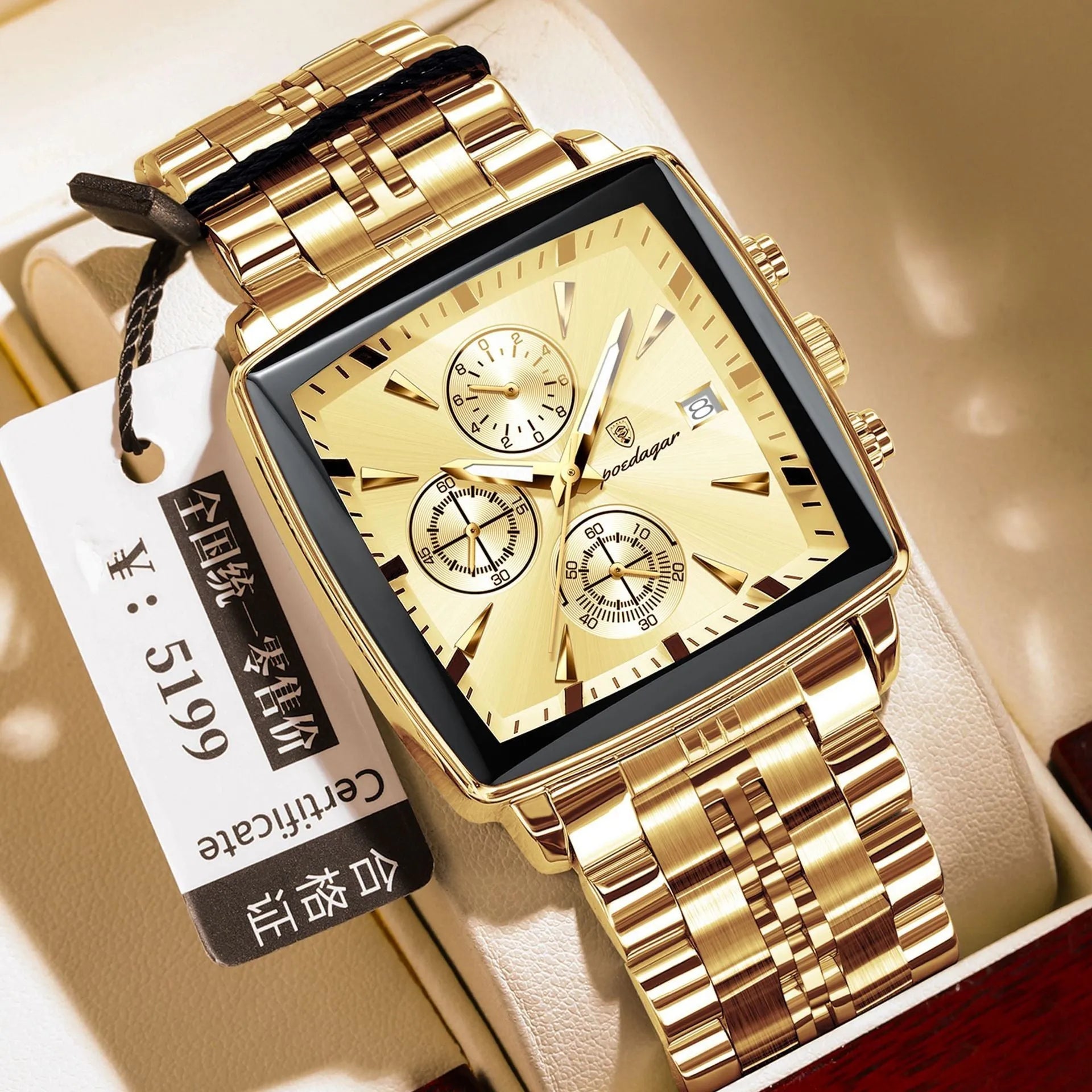 Square men's business watch with alloy case and stainless steel bracelet on wrist.