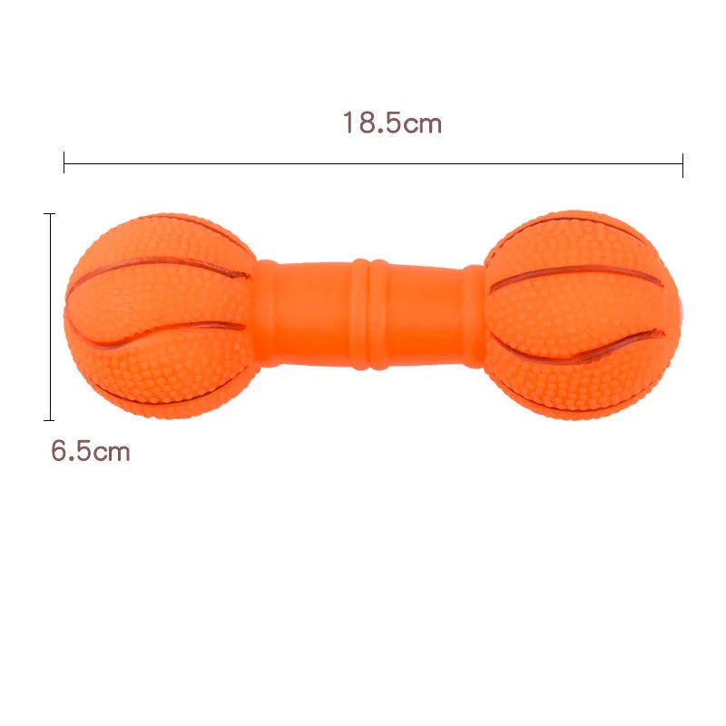 Brown PVC dog chew toy shaped like a dumbbell with football ends on a white background.