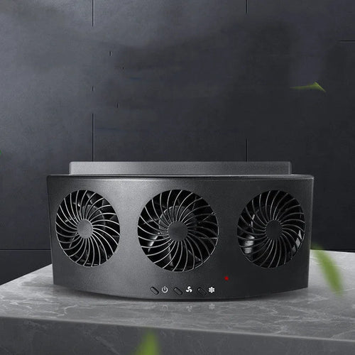 Black and white USB-powered car ventilation fan with 1.5 metre cable on a dashboard.