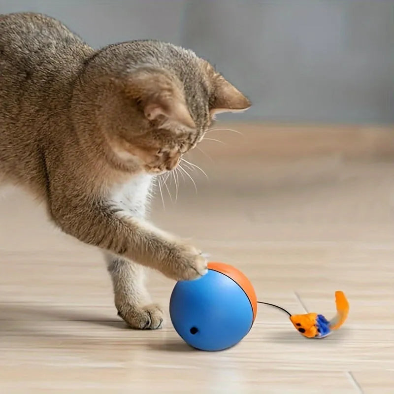 Interactive cat toy with blue and orange removable plush mouse attached to ball for feline exercise