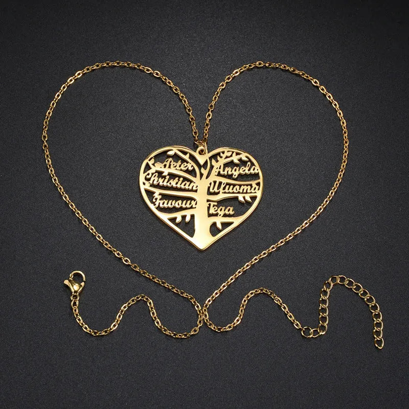 Custom stainless steel name necklace with hollow heart and lucky tree pendant in silver, gold, or rose gold.