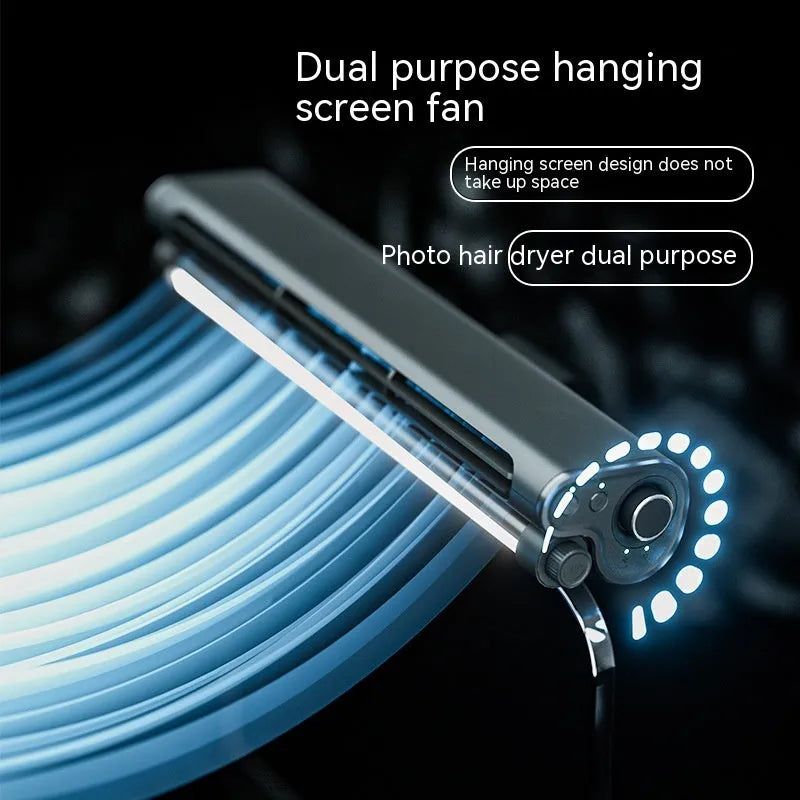 Black USB bladeless fan with clip mount and integrated LED lamp for laptop screens