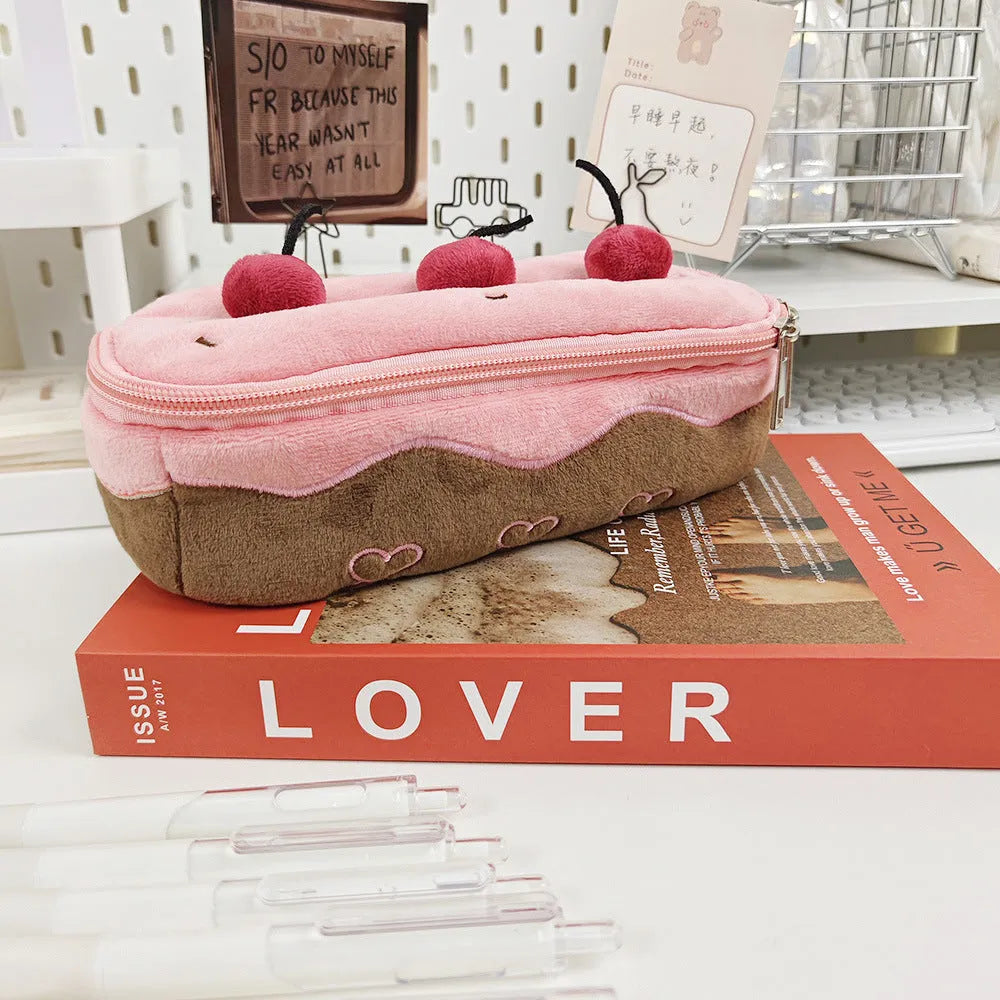 Cherry cake design velvet plush pencil bag in Korean style for pen and pencil storage