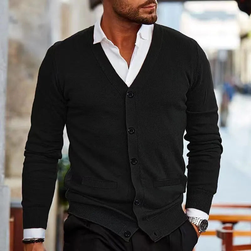 Men's slim fit acrylic cardigan in wine red colour, shown as an autumn sweater coat.