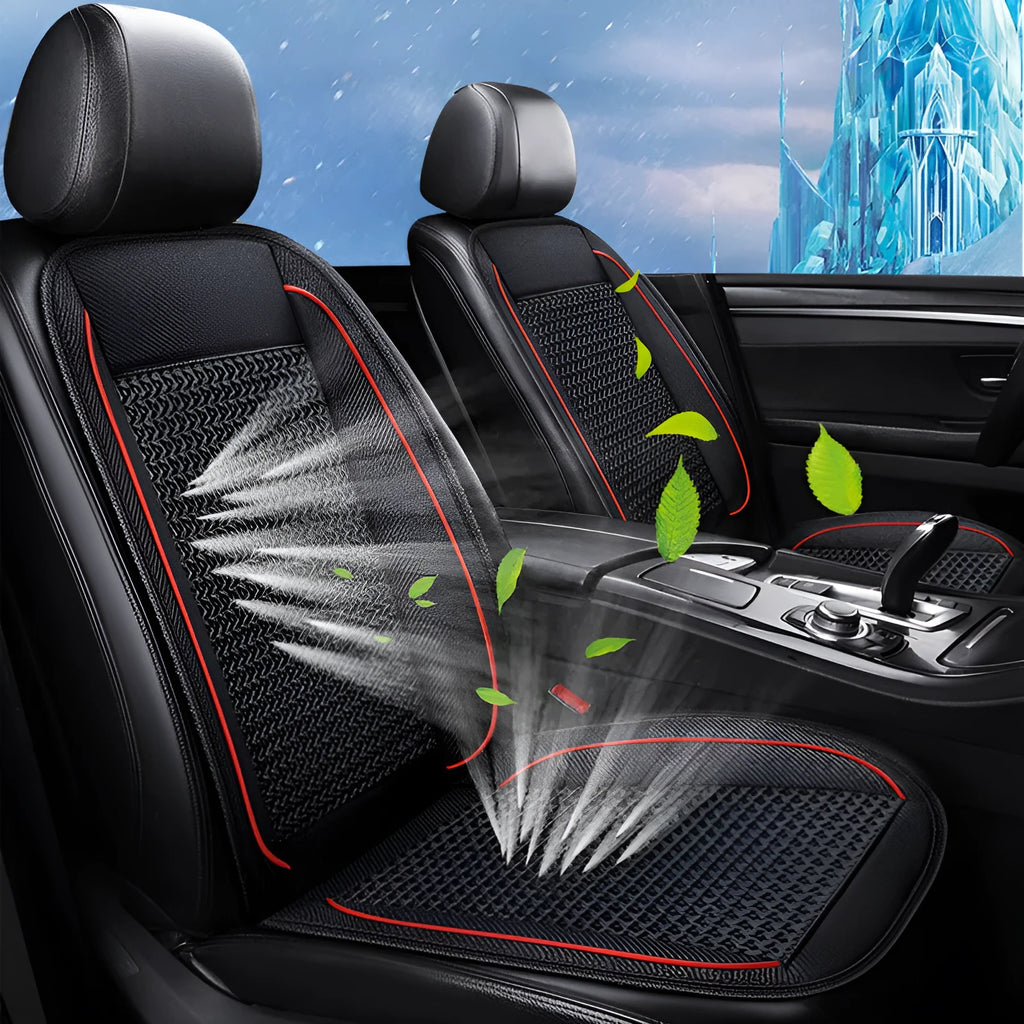 Black square car ventilation seat cushion with massage, showing power cord for 12V or 24V connection.