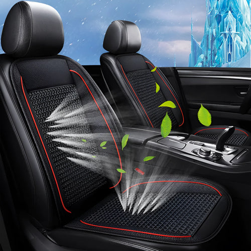 Black square car ventilation seat cushion with massage, showing power cord for 12V or 24V connection.