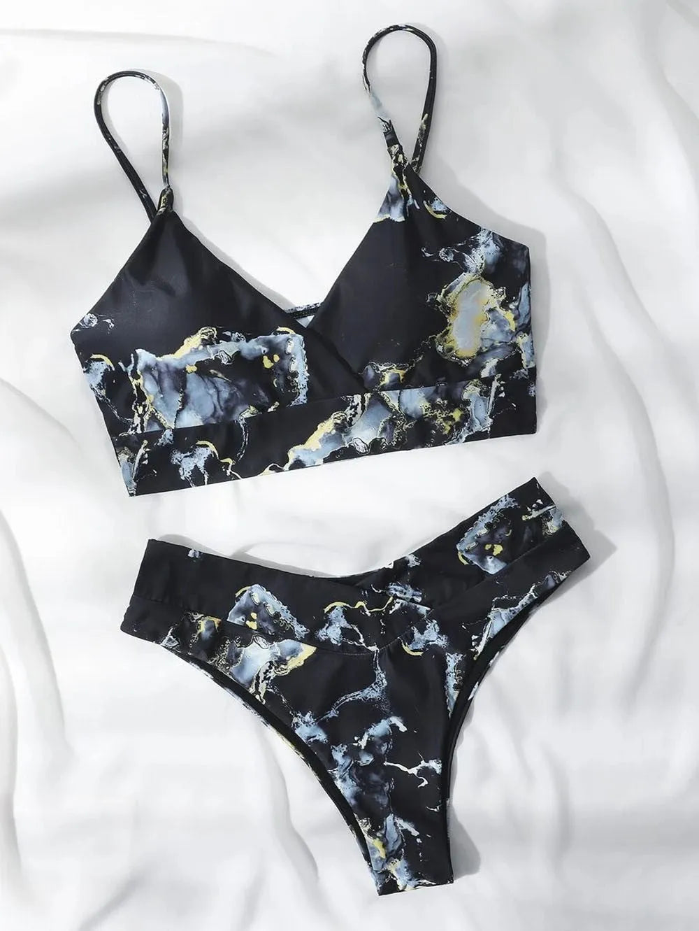 Women's marble tie-dye printed high waist bikini with U-neck design for swimming