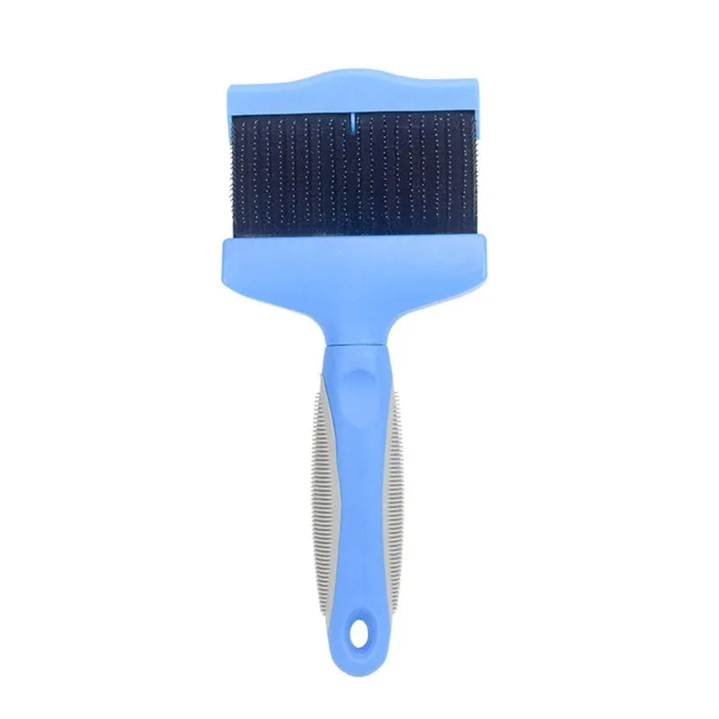 Double-sided pet grooming brush with stainless steel pins and blue ergonomic handle