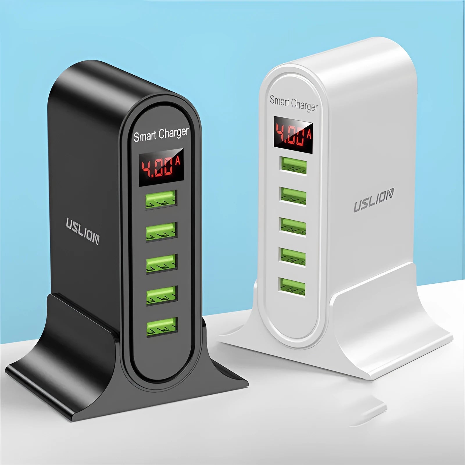 Black digital display USB wall charger showing 240V input and 5V output on its LED screen.